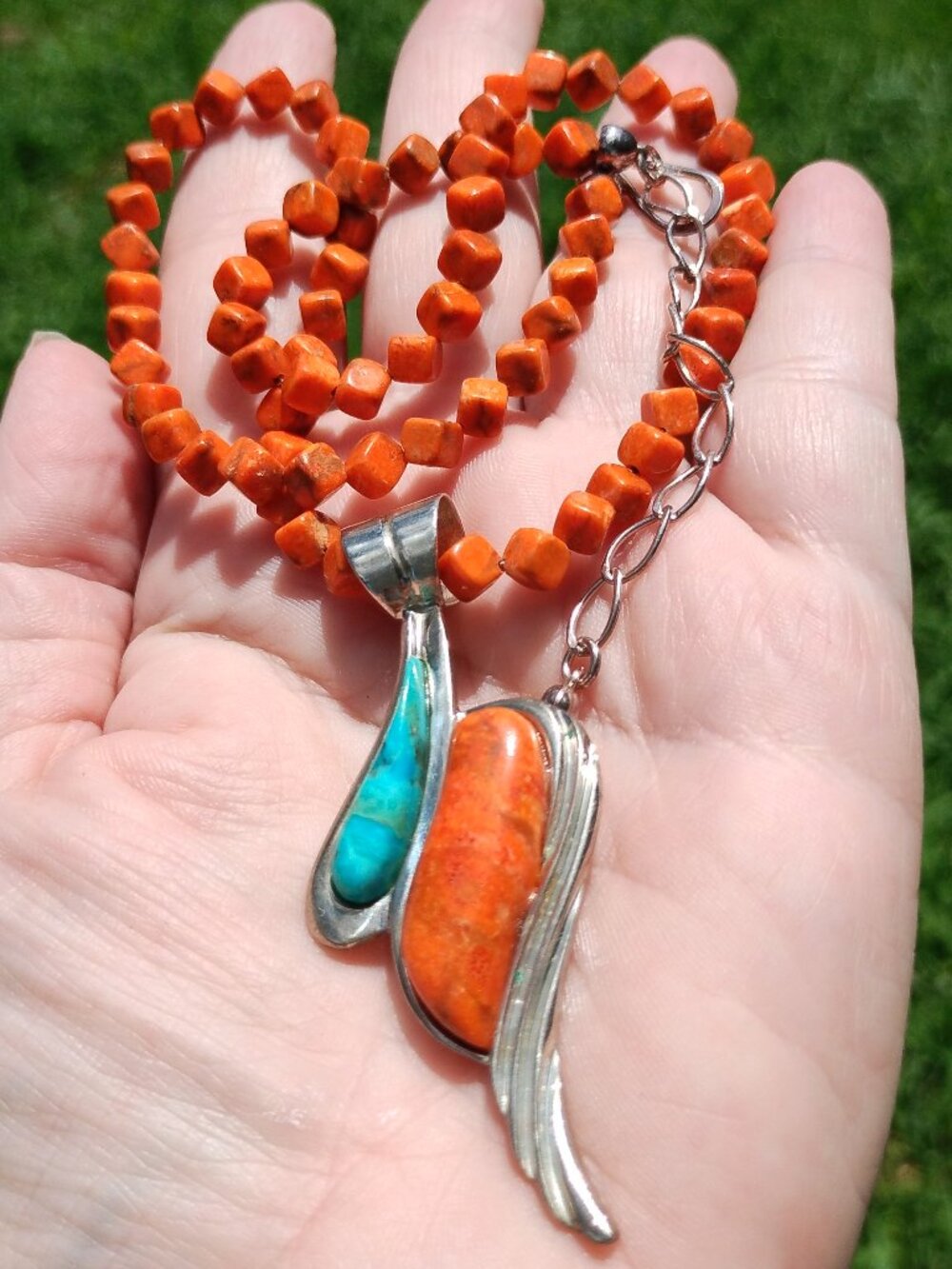 Jay King DTR mine finds coral necklace Turquoise inlay pendant 925 Sterling Silv - Picture 6 of 7